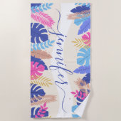 ミニマリストブライト熱帯葉名前をカスタムする ビーチタオル (正面)