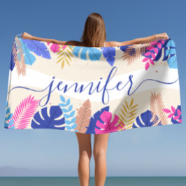 ミニマリストブライト熱帯葉名前をカスタムする ビーチタオル