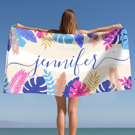 ミニマリストブライト熱帯葉名前をカスタムする ビーチタオル