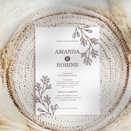 ミニマリストブラウンボタニカル結婚式招待状 招待状
