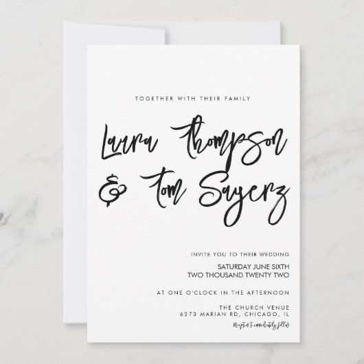 ミニマリストブラシスクリプト結婚白黒 招待状 (正面)
