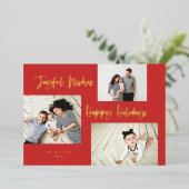 ミニマリストブラシスクリプト3コラージフォトレッド 箔シーズンカード (立ち正面)