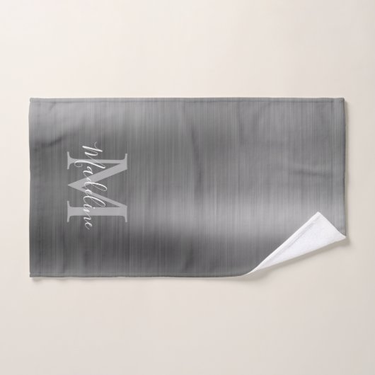 ミニマリストブラシ仕上げ金属銀グレーモノグラム バスタオルセット (ハンドタオル)