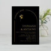 ミニマリストブラックと金ゴールドのArch Wildflower 結婚's 箔招待状 (立ち正面)