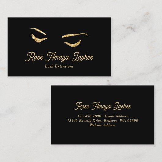ミニマリストブラックと金ゴールドまつ毛エクステンション 名刺 (正面/裏面)