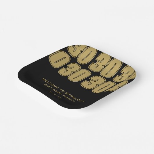 ミニマリストブラックと金ゴールド30歳の誕生日パーティー ペーパープレート (傾斜あり)