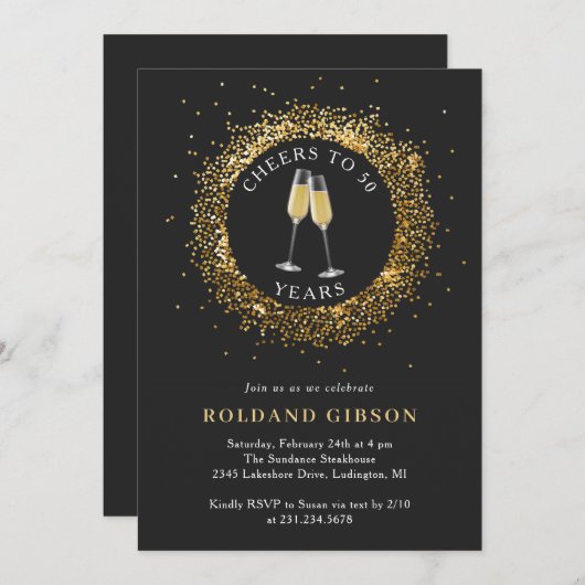 ミニマリストブラックと金ゴールド50番目の誕生日招待状 招待状 (正面/裏面)