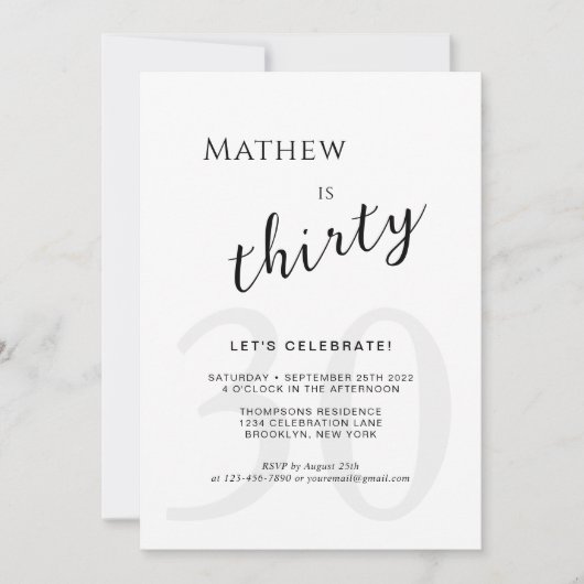 ミニマリストブラックエージオーバーレイスクリプトアダルト誕生日 招待状 (正面)