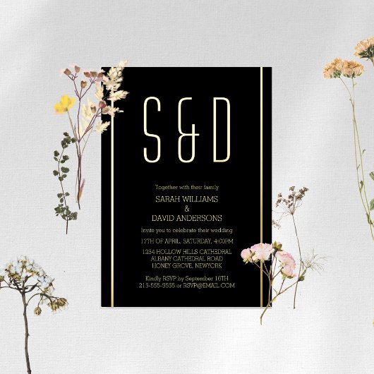 ミニマリストブラックゴールデンシンプル 箔招待状