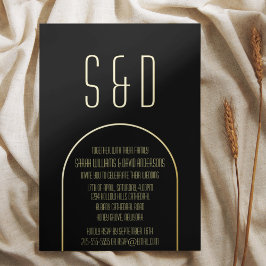 ミニマリストブラックゴールデン結婚アーチ 箔招待状