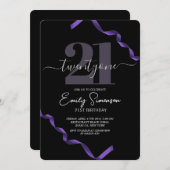ミニマリストブラックパープルストリップ21st誕生日パーティー 招待状 (正面/裏面)