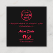 ミニマリストブラックピンクフェザーありがとうブランディング スクエア名刺 (裏面)