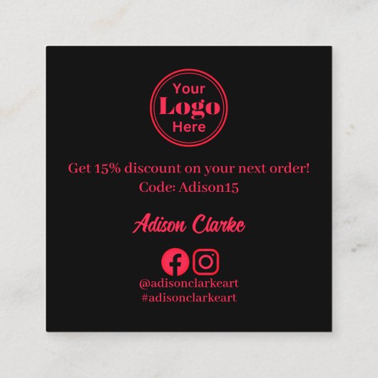 ミニマリストブラックピンクフェザーありがとうブランディング スクエア名刺 (裏面)