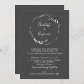 ミニマリストブラックフローラリースオールインワン結婚ズ 招待状 (正面/裏面)