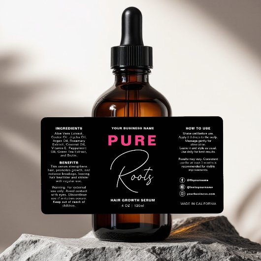 ミニマリストブラックホットピンクヘア油ドロッパーボトル ラベル