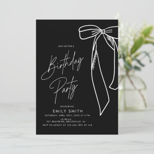 ミニマリストブラックボウ誕生日 招待状 (スタンド正面)