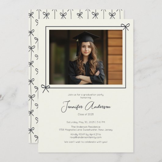 ミニマリストブラックボーフォト卒業パーティー 招待状 (正面/裏面)