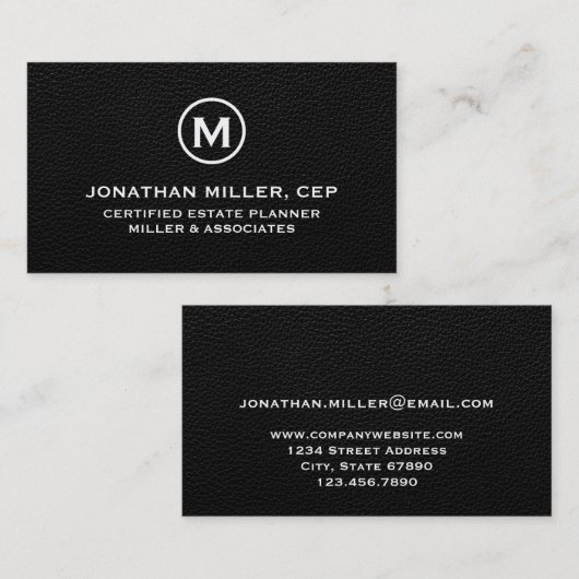 ミニマリストブラックレザーイニシャルロゴ 名刺 (正面/裏面)