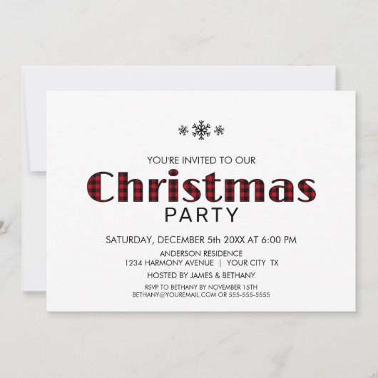 ミニマリストブラックレッドバッファロープレイドクリスマスパーティー 招待状 (正面)