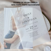 ミニマリストブラック文字結婚オーバーレイ ベラム紙招待状