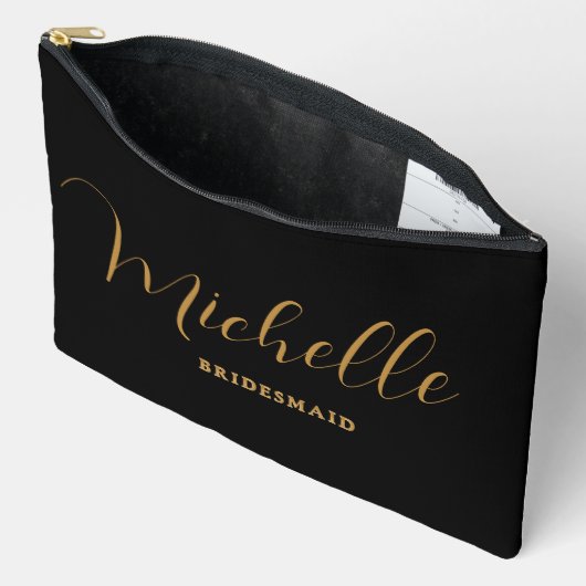 ミニマリストブラック金ゴールドパーソナライズされた花嫁ギフト アクセサリーポーチ (見開き)
