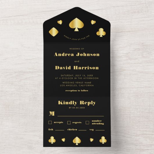ミニマリストブラック金ゴールドベガスカジノ結婚トランプのポーカー オールインワン招待状 (内側)