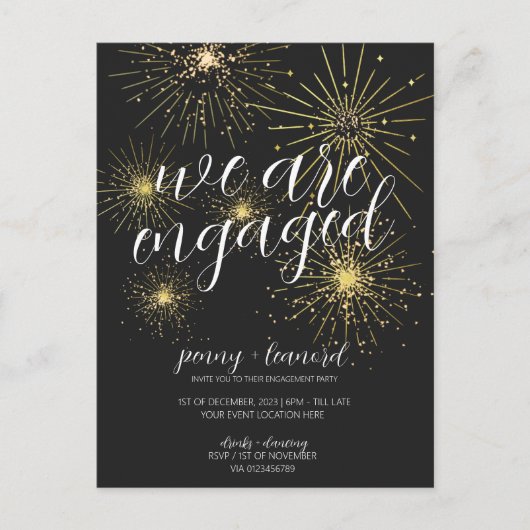 ミニマリストブラック金ゴールド花火婚約パーティ ポストカード (正面)