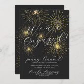 ミニマリストブラック金ゴールド花火婚約パーティ 招待状 (正面/裏面)