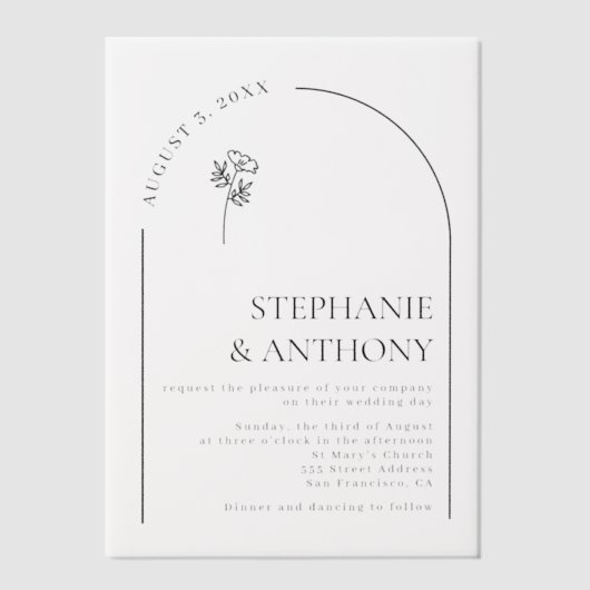 ミニマリストブラック&ホワイトアーチワイルドフラワー結婚ズ ベラム紙招待状 (正面)