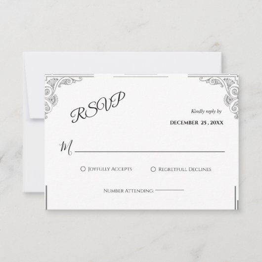ミニマリストブラック&ホワイトウェディングRSVPカード 出欠カード (正面)