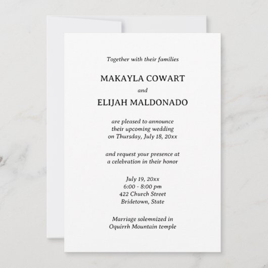 ミニマリストブラック&ホワイトテンプルウェディングレセプション 招待状 (正面)