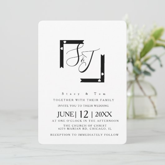 ミニマリストブラック&ホワイトハートバー結婚ズスイート 招待状 (スタンド正面)