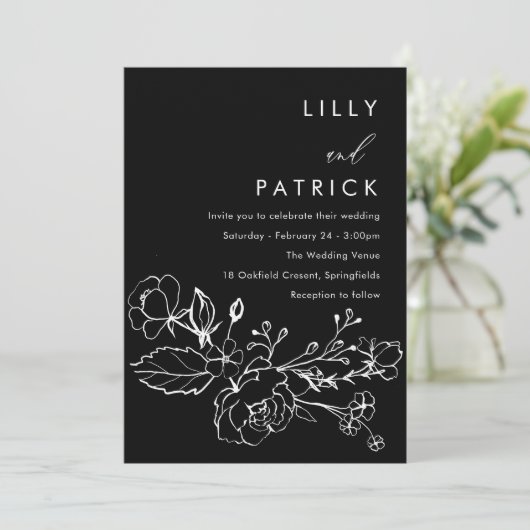 ミニマリストブラック&ホワイトラインアート結婚フローラ 招待状 (スタンド正面)