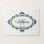 ミニマリストブラック&ホワイトヴィンテージダマスクモノグラム ジグソーパズル (横)