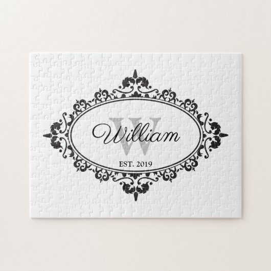 ミニマリストブラック&ホワイトヴィンテージダマスクモノグラム ジグソーパズル (横)