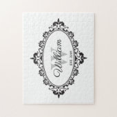 ミニマリストブラック&ホワイトヴィンテージダマスクモノグラム ジグソーパズル (縦)