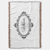 ミニマリストブラック&ホワイトヴィンテージダマスクモノグラム スローブランケット (正面縦)