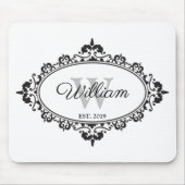 ミニマリストブラック&ホワイトヴィンテージダマスクモノグラム マウスパッド (正面)