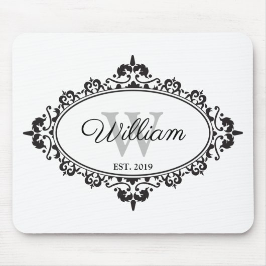 ミニマリストブラック&ホワイトヴィンテージダマスクモノグラム マウスパッド (正面)
