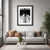 ミニマリストブラック&ホワイトNYCスカイライントラベルスケッチ ポスター