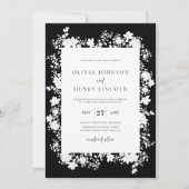ミニマリストブラック |白いフローラフレ結婚ーム 招待状 (正面)