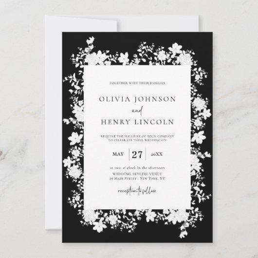 ミニマリストブラック |白いフローラフレ結婚ーム 招待状 (正面)