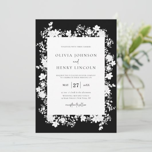 ミニマリストブラック |白いフローラフレ結婚ーム 招待状 (スタンド正面)