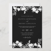 ミニマリストブラック |白色QRコードフローラ結婚ズ 招待状 (正面)