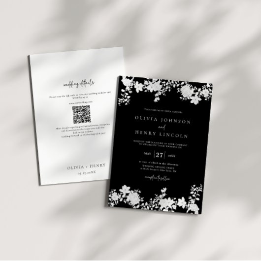 ミニマリストブラック |白色QRコードフローラ結婚ズ 招待状