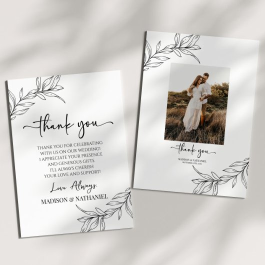 ミニマリストブランチ葉カスタムピクチャーウェディング サンキューカード