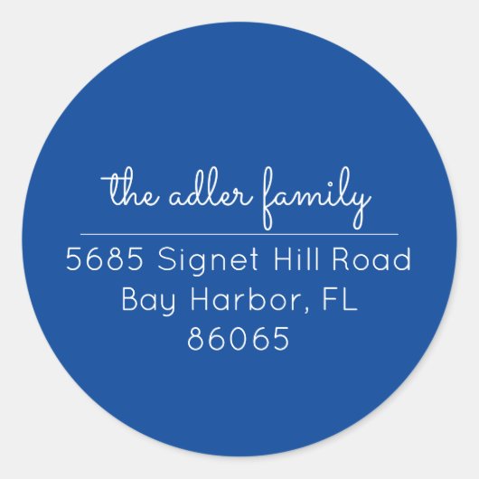 ミニマリストブリッグブルー&ホワイト差出人住所ラベル ラウンドシール (正面)