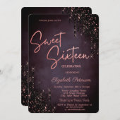 ミニマリストブルゴーニュグリッタードリップススウィート16 招待状 (正面/裏面)
