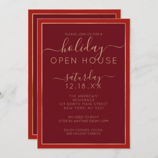 ミニマリストブルゴーニュ縁ど金ゴールドホリデーオープンハウス 招待状 (正面/裏面)
