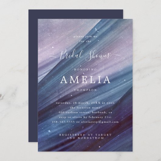 ミニマリストブルーとパープルの抽象芸術ブライダルシャワー 招待状 (正面/裏面)